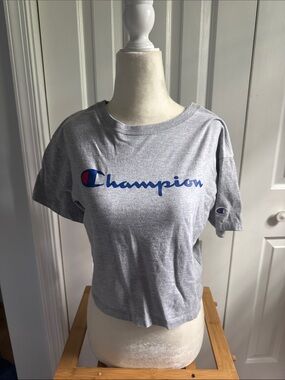 Champion Light Gray Crop Tee with Blue Script Logo and Red Emblem